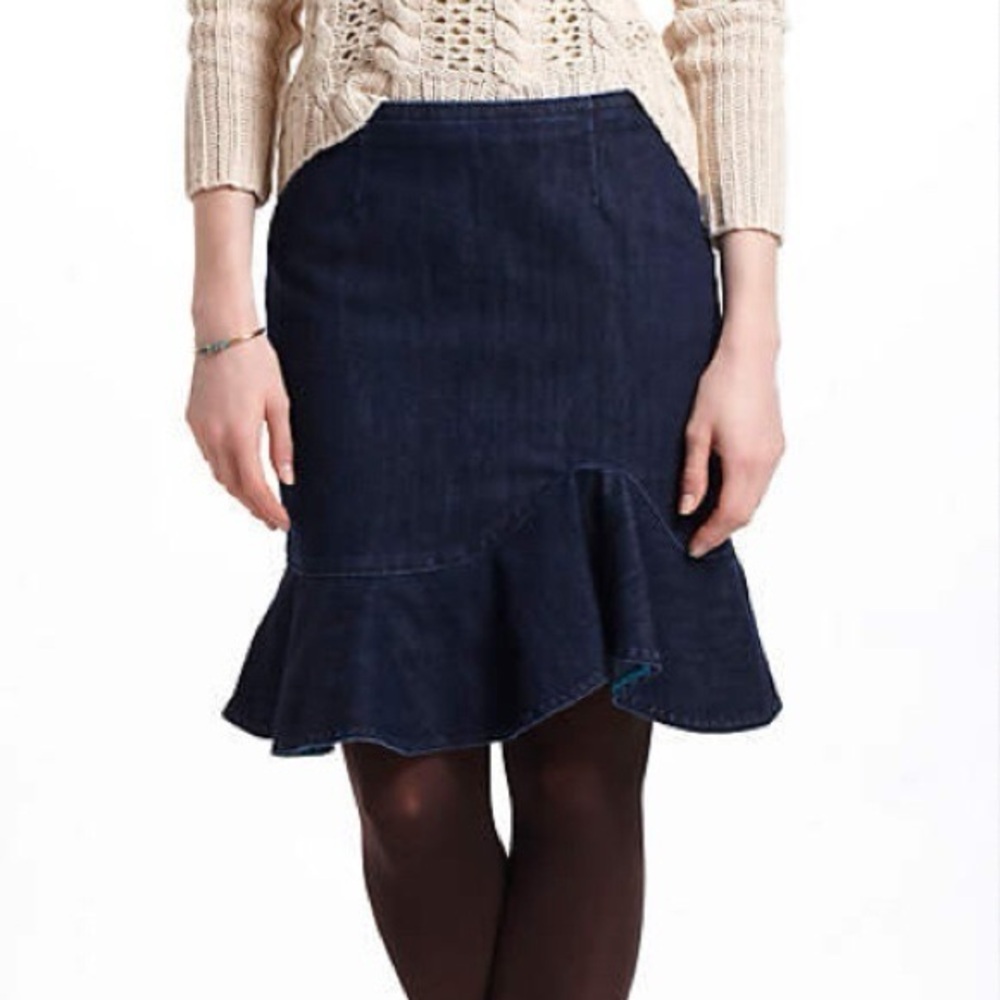 Anthropologie LEIFEDOTTIR Lana Dark Blue Denim Ruffle Hem Skirt N266-12